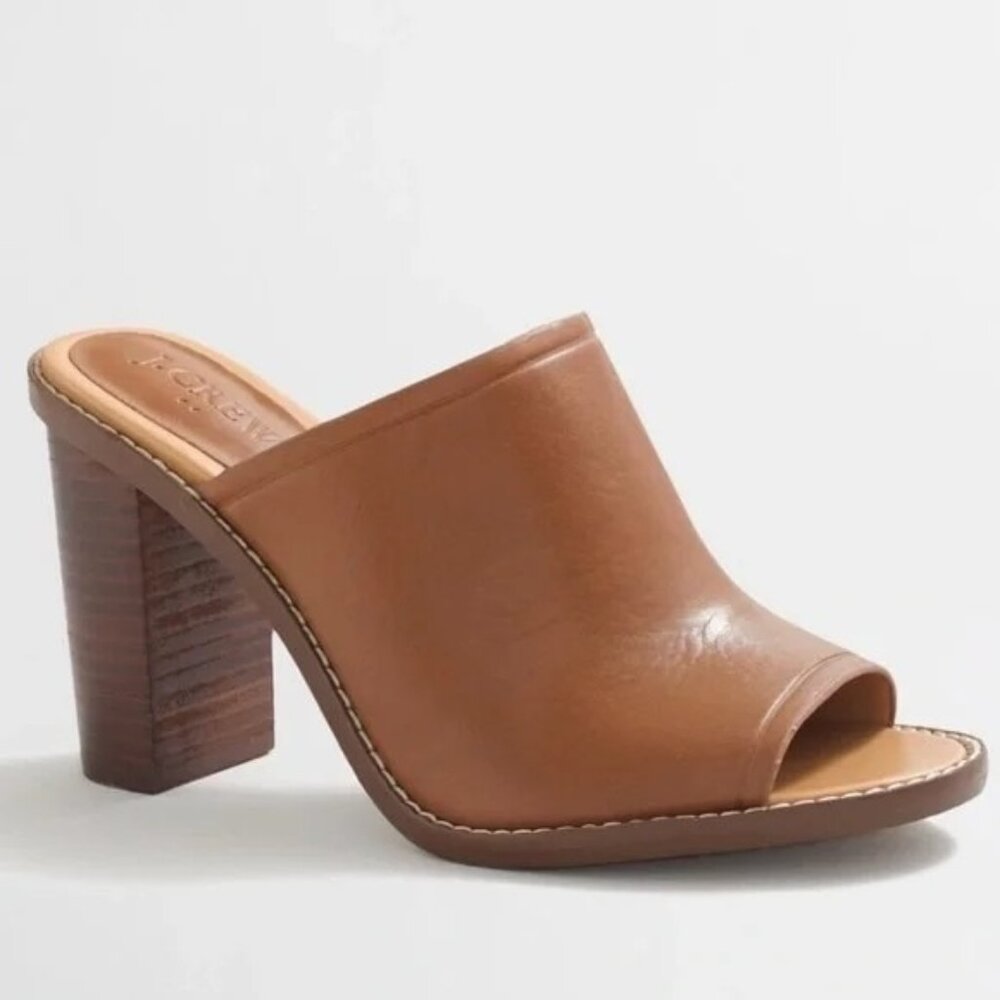 J. Crew Tan Leather Open-Toe Block Heel Mules